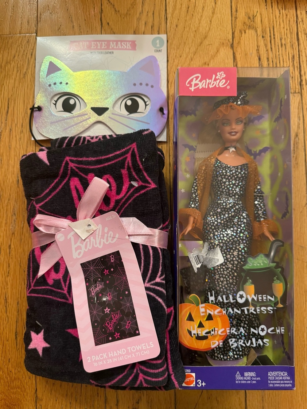 Barbie Halloween Enchantress Doll & Pink/Black Spider Web Hand Towels & mask!